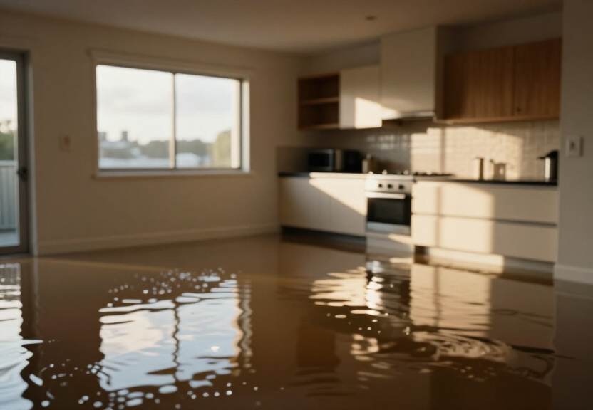 Flooded office space in Busby before drying